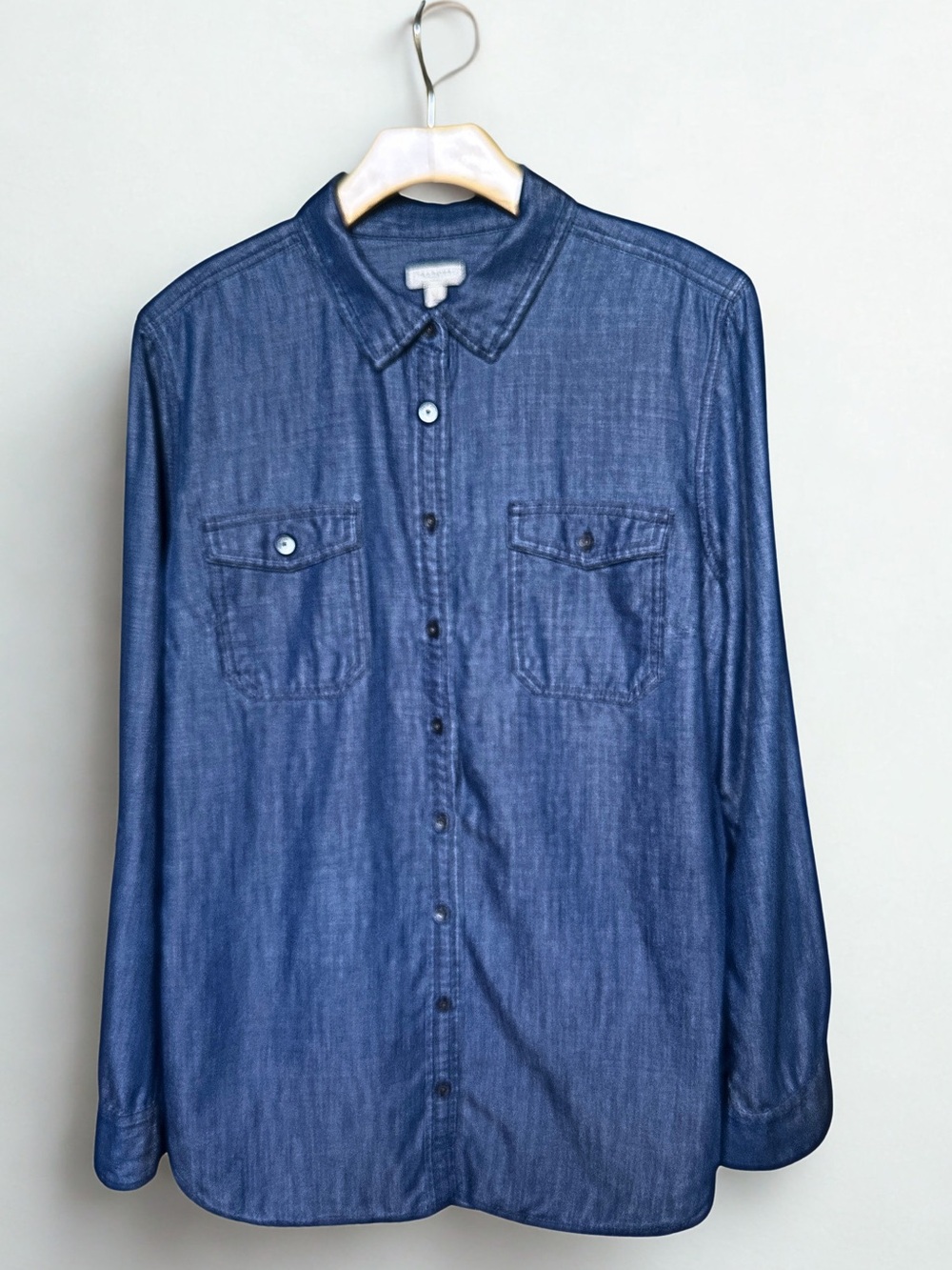 Talbots Size Large Dark Blue Denim-Inspired Lyocell Blend Shirt Roll Tab Sleeves